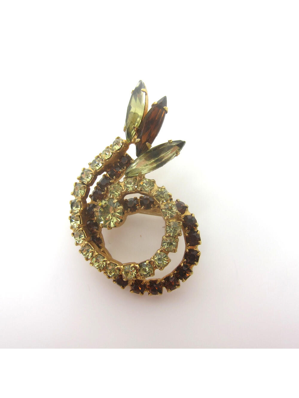 Vintage Pin Brooch Double Swirl Marquise Rhinestones Amber Green Gold Tone 1.75"